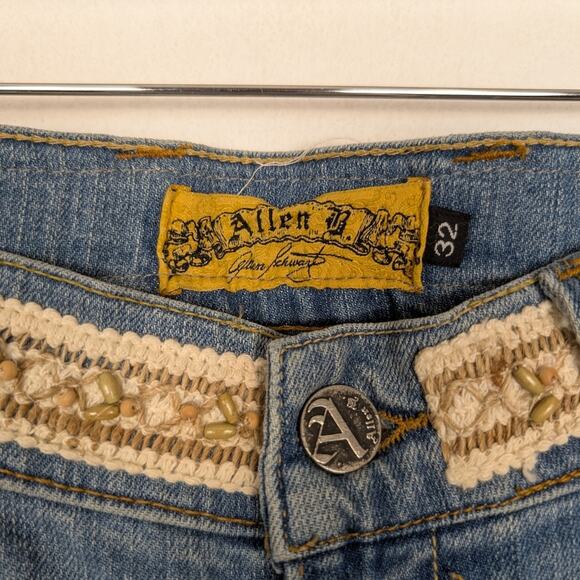 Vintage Allen B. Y2K Patchwork Lace Cream Floral Flare Jeans Size 32 - Picture 7 of 8